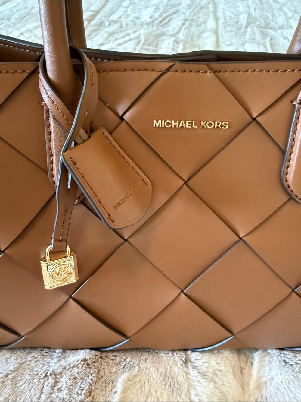 Michael Kors Woven Satchel in Cognac Brown with Gold Accent - Picture 4 of 9